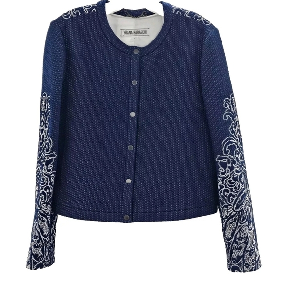 Yoana Baraschi Blue Cropped Jacquard Button Snap Front Jacket Womens Size Large - Picture 1 of 7